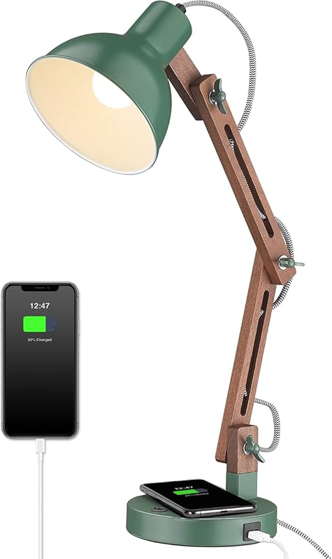ELYONA Green LED Desk Lamp with Wireless Charger and USB C Port for Ho