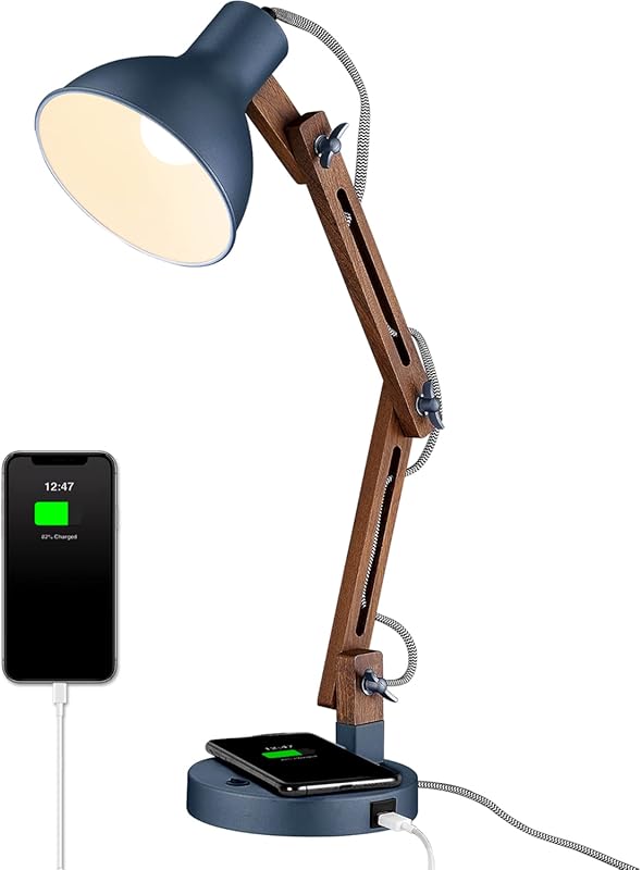 ELYONA Sapele Wood Desk Lamp with Wireless Charger and USB-C Port for 