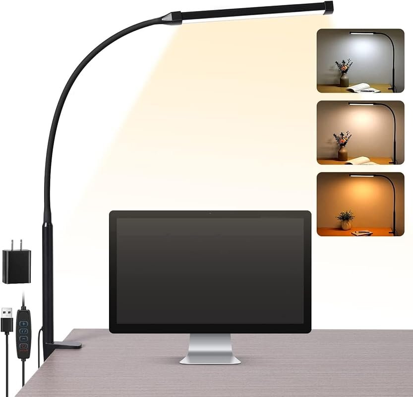 LED Desk Lamp with Clamp, Flexible Goose-Neck, and 3 Modes for Home Office