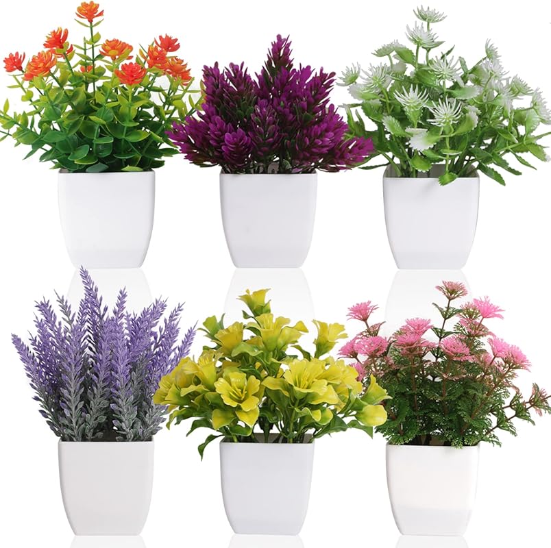 6 Pack Mini Artificial Pot Flowers for Home and Office Tabletop Decora