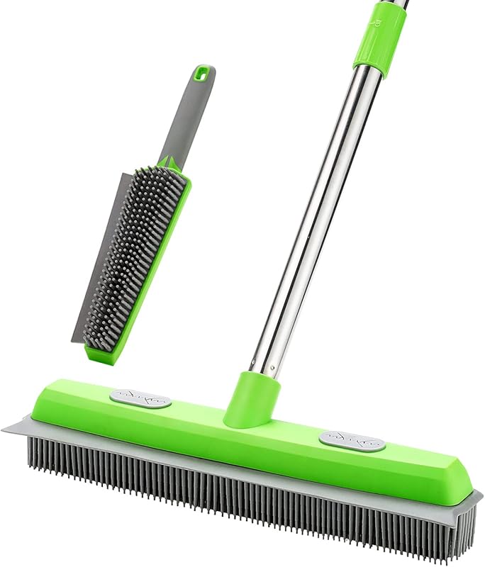 Rubber broom with squeegee for pet hair on carpet and floors, 57 inch 