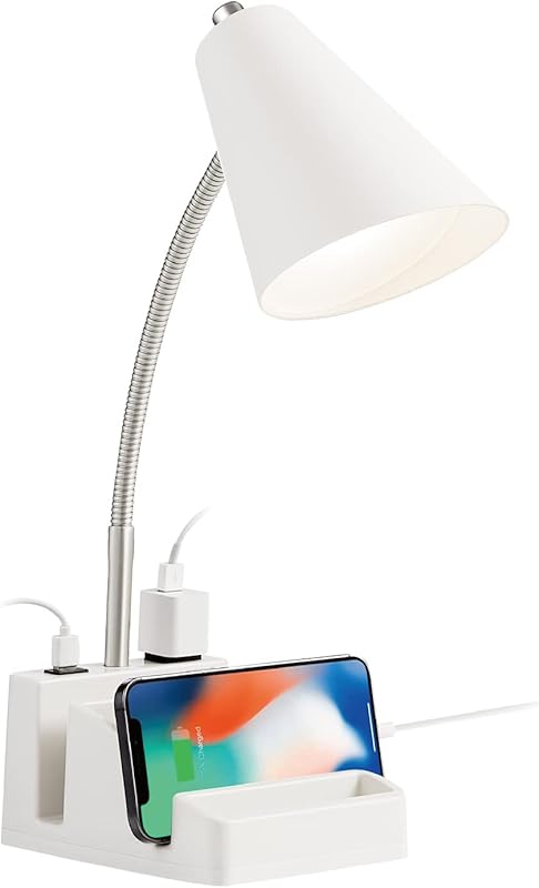 LED Desk Lamp with USB Charging Port and AC Outlet, Adjustable Neck, M