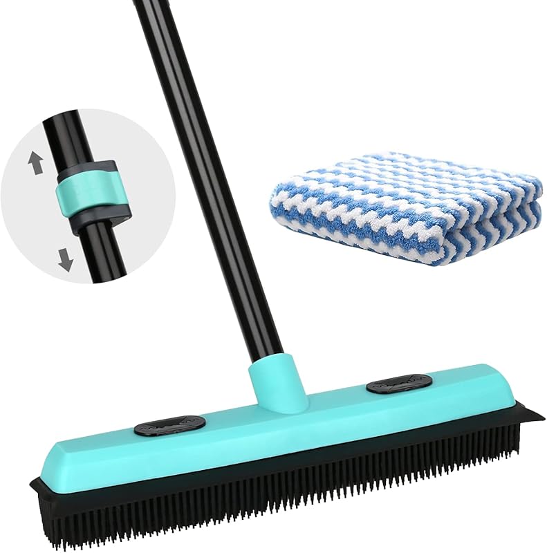 Rubber broom carpet rake for pet hair removal with squeegee and 59 inc