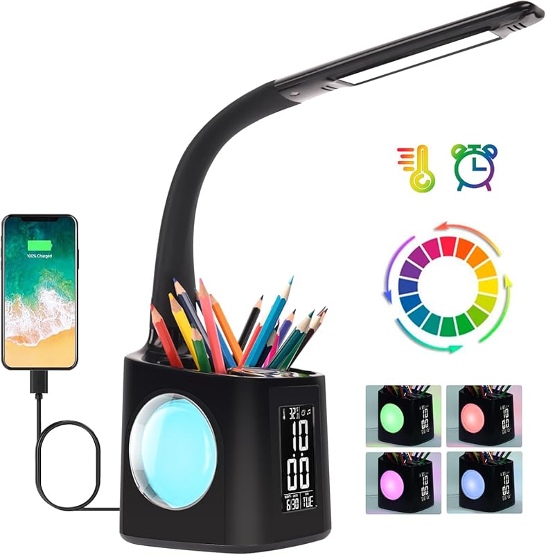 LED Desk Lamp with Clock and USB Charger for Kids’ Study and Reading