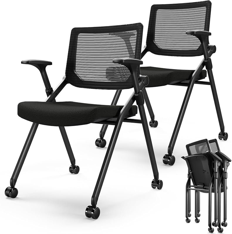 Set of 2 Foldable Office Chairs with Ergonomic Mesh Back and PU Wheels