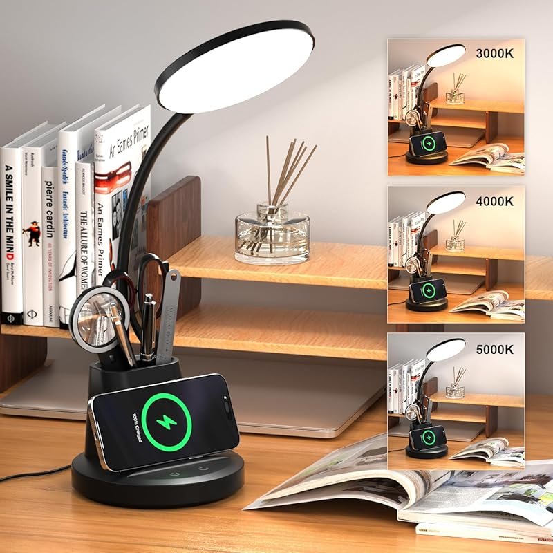 Desk Lamp with Wireless Charger, Dimmable LED Light, and Pen Holder fo