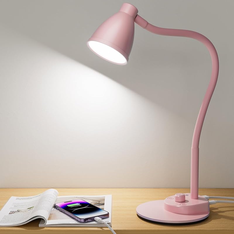 BOHON Pink Desk Lamp with USB Charging, Dimmable LED, and Flexible Nec