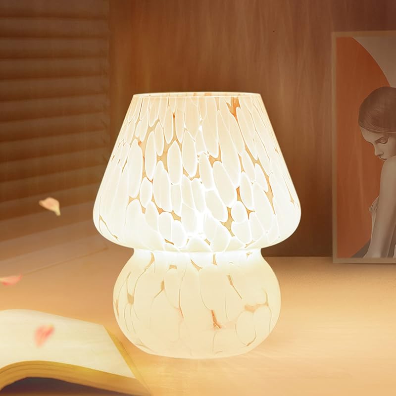 Dimmable Mushroom Bedside Lamp, Translucent Glass Nightlight for Bedro