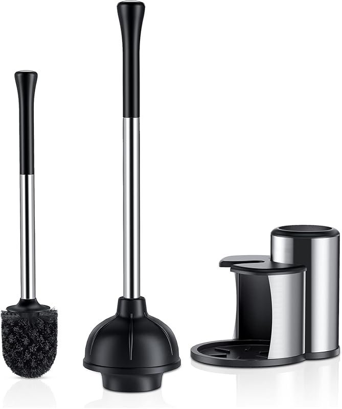HAMITOR Heavy Duty Toilet Plunger and Bowl Brush Set with Stainless St