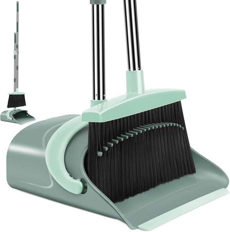 Broom and Dustpan Set with Long Handle, Upright Stand Up Broom for Hom