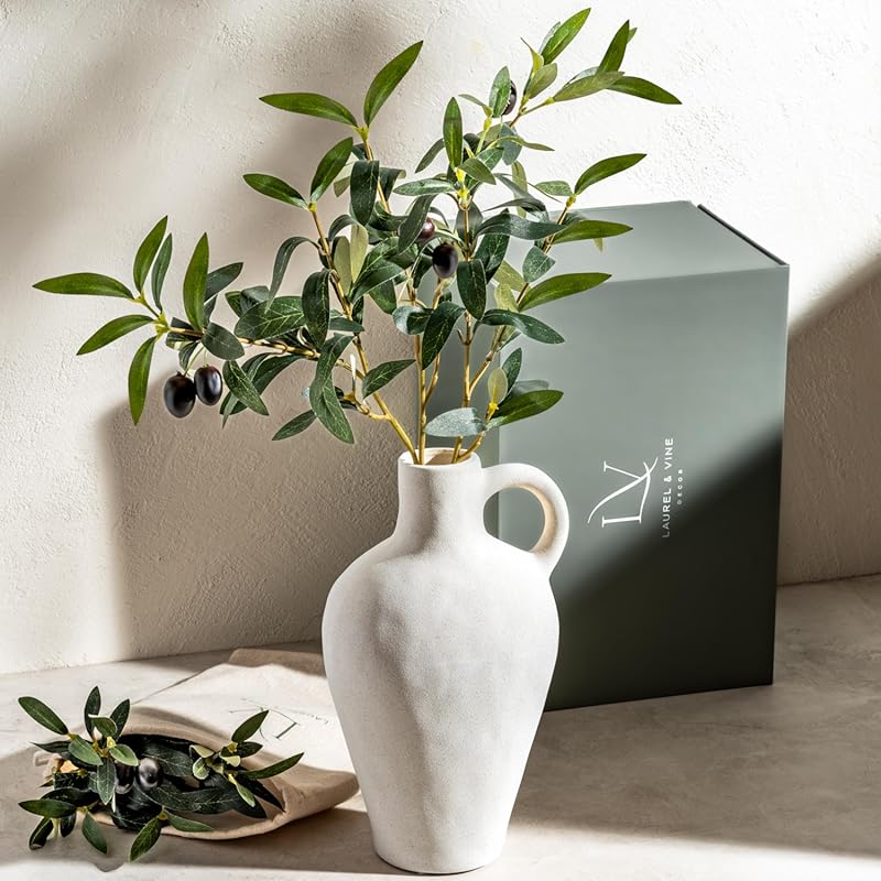 Luxurious Gift Set Textured Ceramic Vase 10 Inch with Olive Branches 2