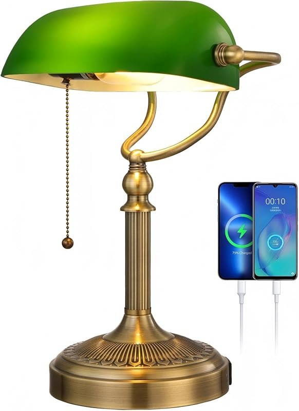 Newrays Green Glass Bankers Desk Lamp with Pull Chain Switch and USB P
