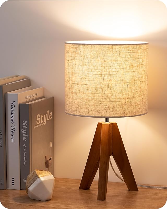 EDISHINE Tripod Table Lamp with Beige Lampshade and Light Brown Wooden