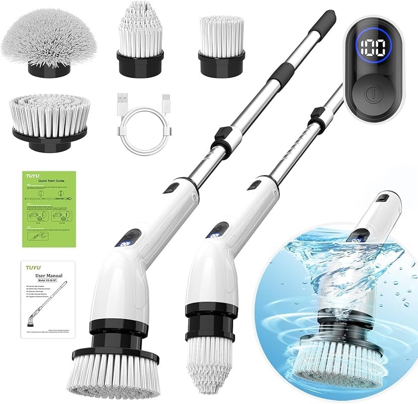 TUYU Electric Spin Scrubber, IPX7 Waterproof Cordless Brush with Exten