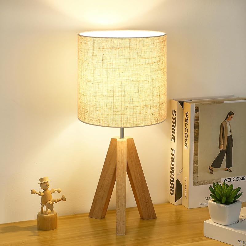 Wooden Tripod Nightstand Lamp with Linen Shade for Bedroom and Living 