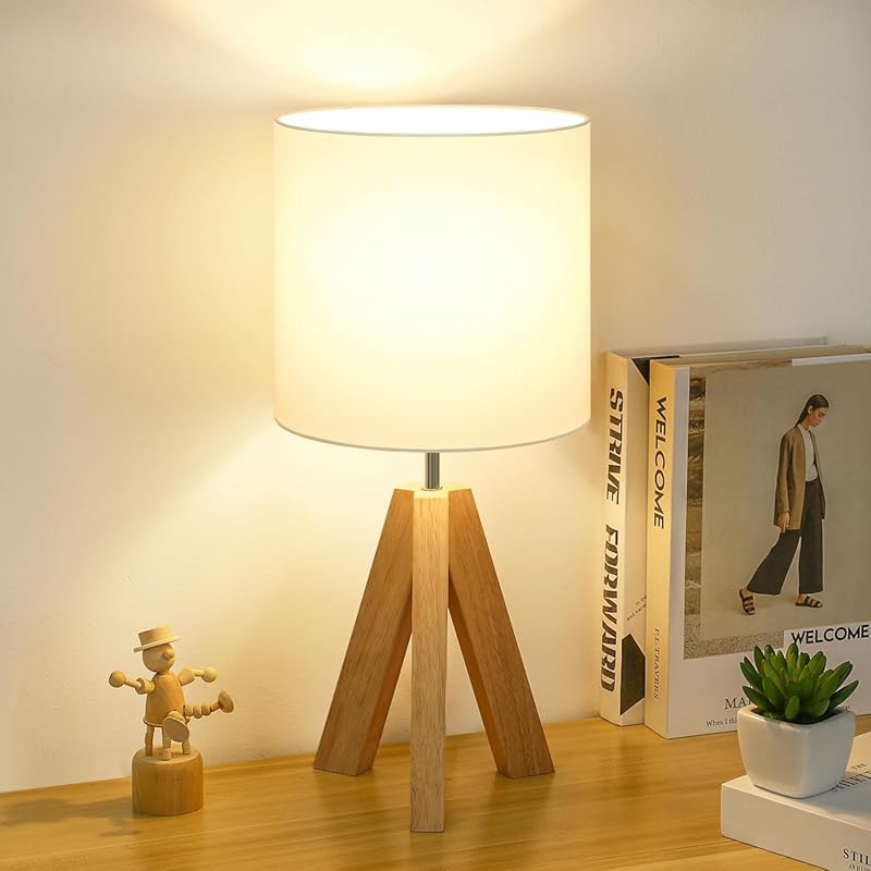 Wood Tripod Table Lamp with White Fabric Shade for Bedroom and Nursery