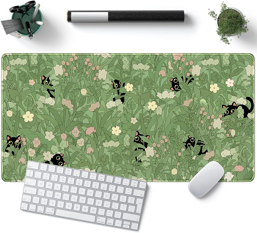 Kawaii Green XL Cat and Plant Desk Mat