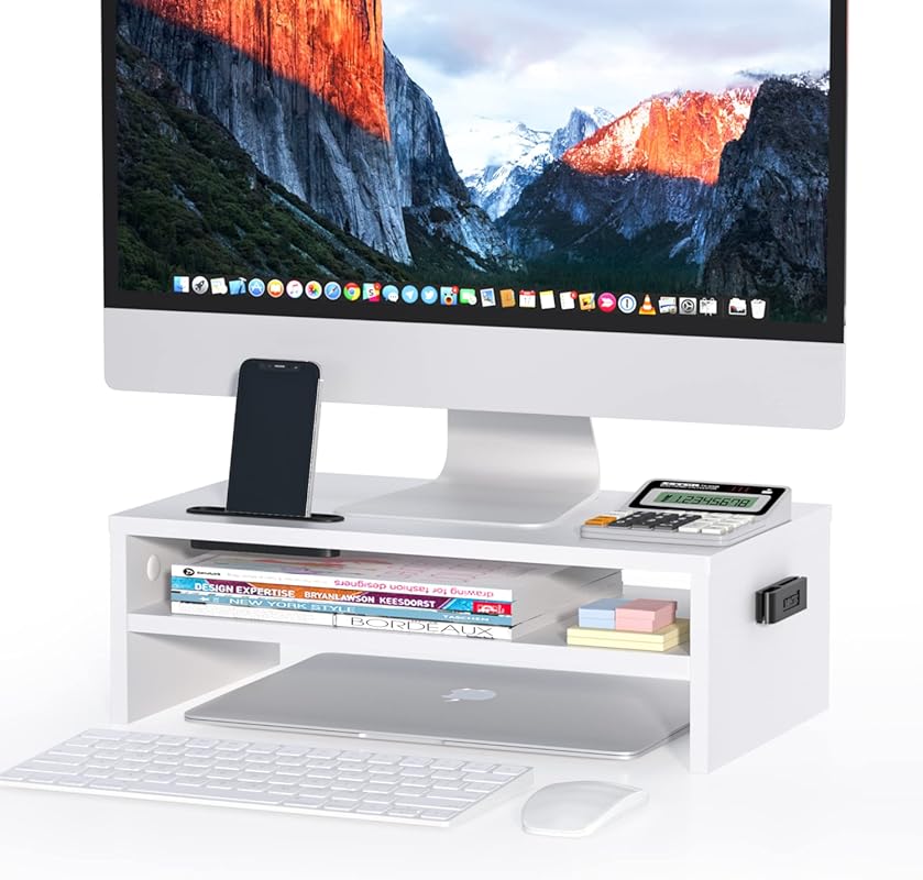 BONTEC Wooden Monitor Stand Riser, 2-Tier Desk Shelf with Storage Orga