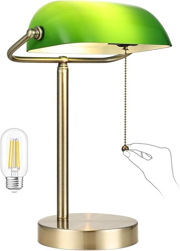 Newrays Traditional Green Glass Bankers Desk Lamp with Pull Chain Swit