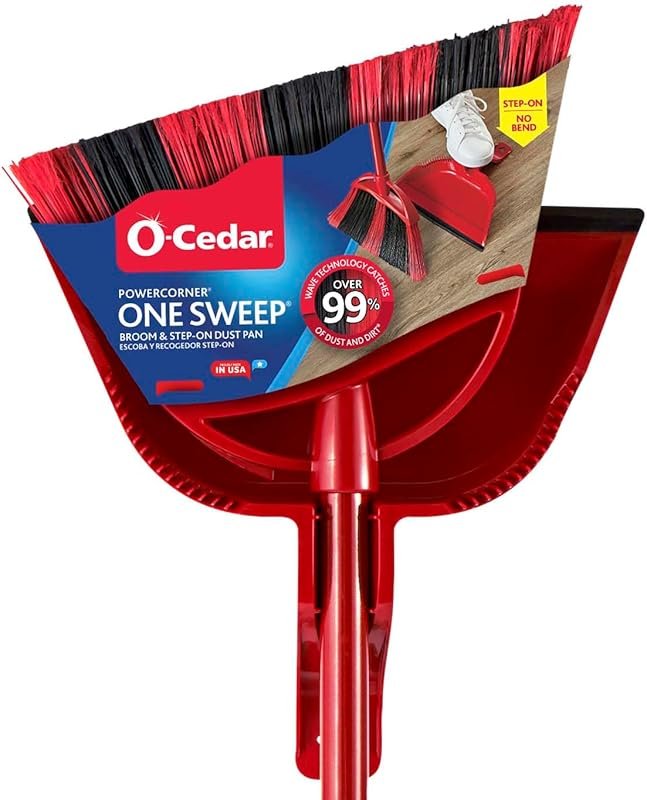 O-Cedar One Sweep broom with step-on dustpan, lightweight broom for fi