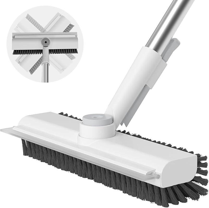 Heavy-Duty Long Handle Floor Scrub Brush, 3-in-1 Scraper, Stiff Bristl