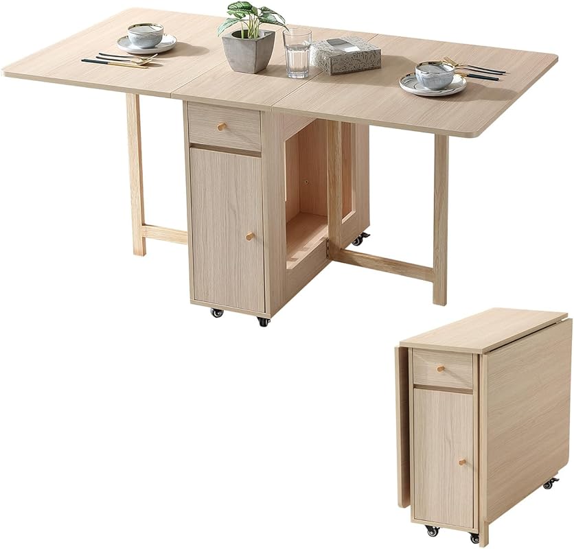 Extendable Drop Leaf Folding Dining Table with 2 Drawers and Wheels fo