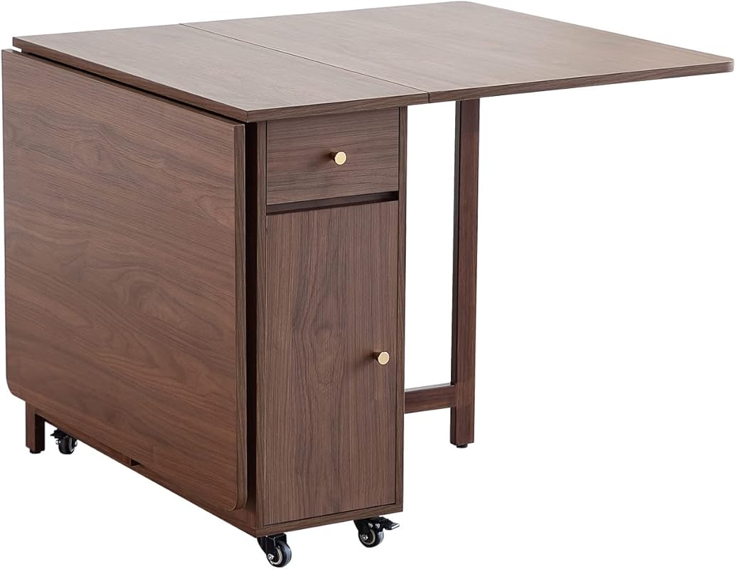 Extendable Drop Leaf Folding Dining Table with 2 Drawers and Wheels in
