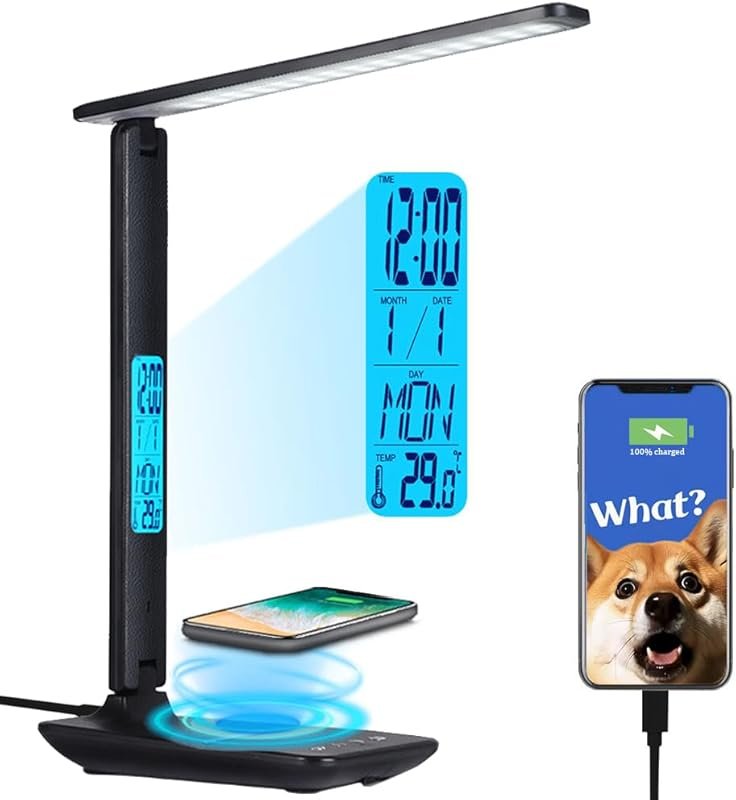 Multifunctional LED Desk Lamp with Wireless Charger, USB Port, Clock,