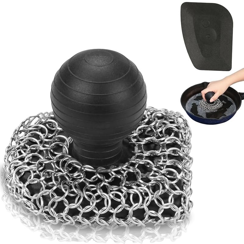 316 Stainless Steel Chainmail Cast Iron Scrubber with Pan Scraper for 