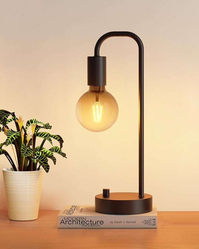 Dimmable Industrial Table Lamp for Bedroom, Minimalist Nightstand Lamp