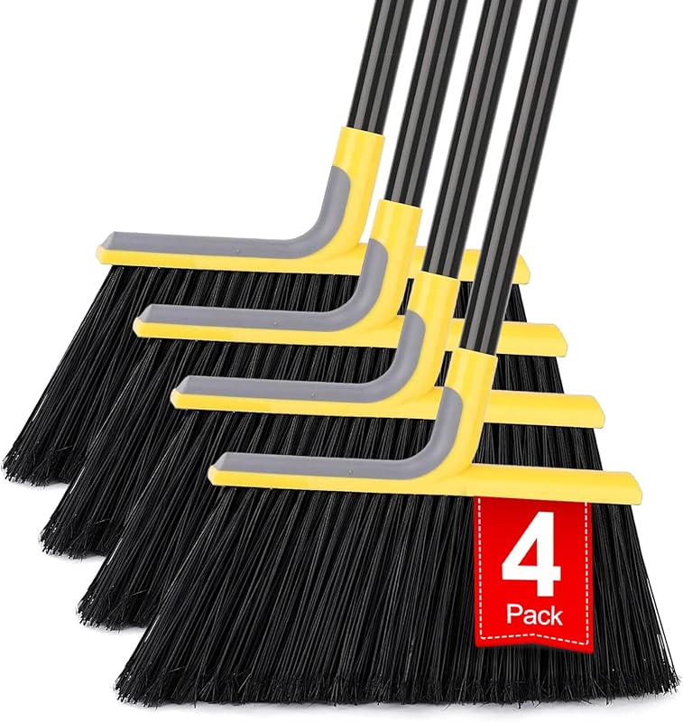 4 Pack Heavy Duty Outdoor Brooms with 58" Handles for Patio, Garage, D