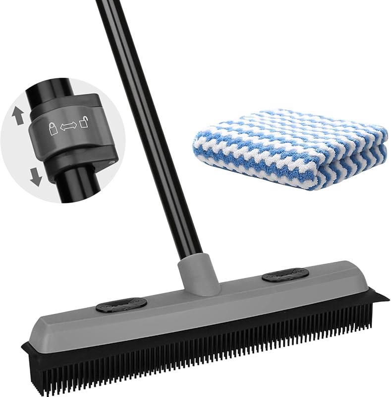 Pet hair removal rubber broom and carpet rake with squeegee and 59 inc