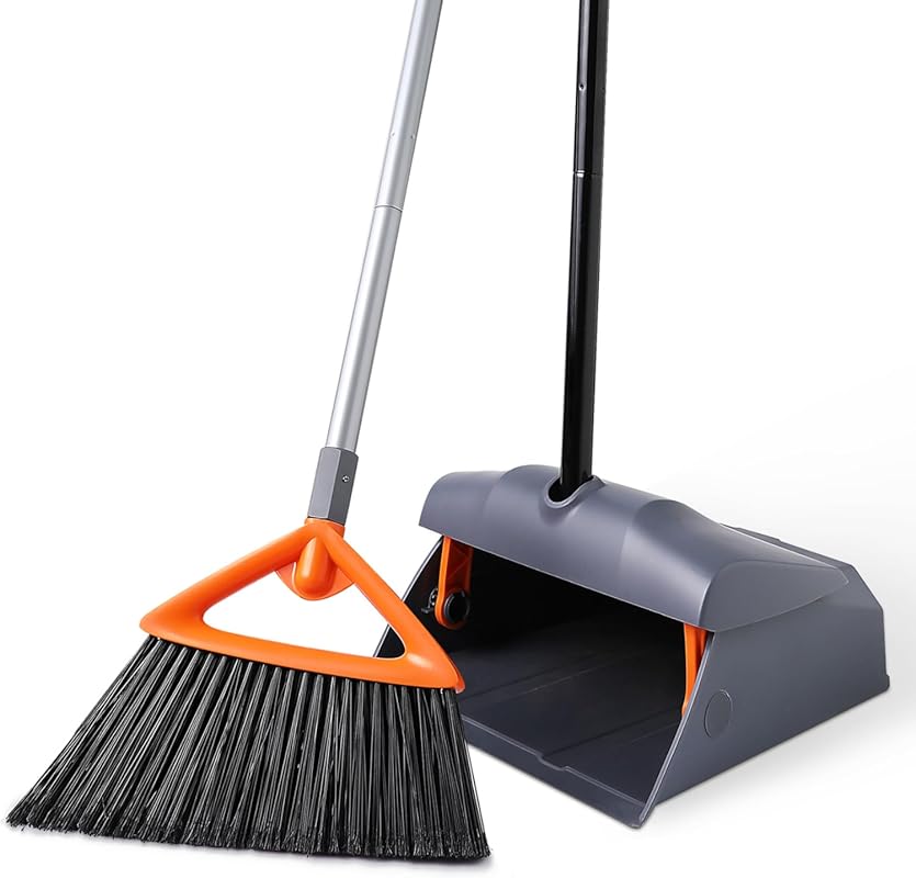 Heavy Duty Broom and Dustpan Set, Stiff Bristle Angle Broom for Indoor