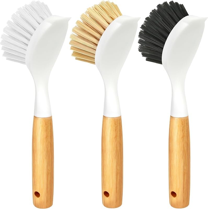 Holikme 3-Pack Bamboo Handle Dish Brushes with Tough Bristles for Cast