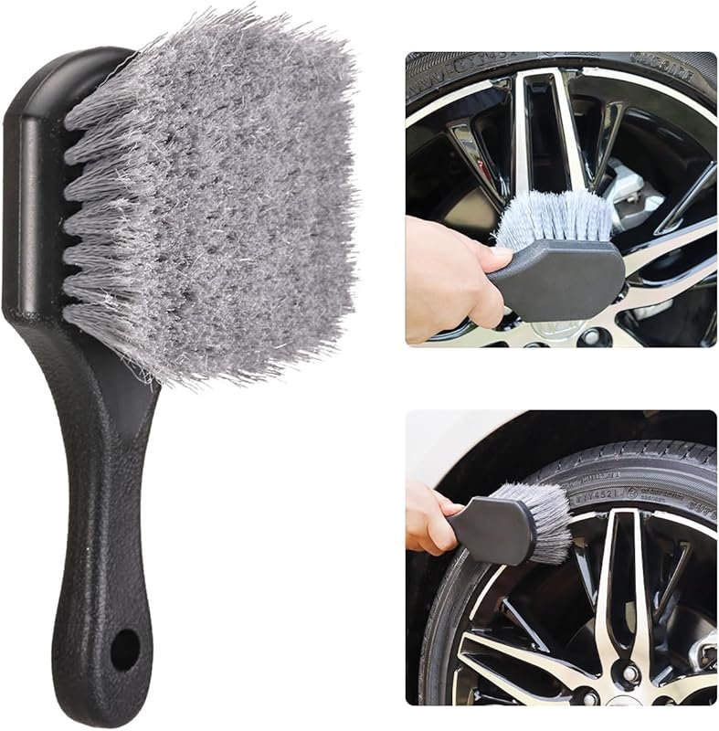 Soft Bristle Tire and Wheel Scrub Brush, Short Handle, Scratch-Free Ca
