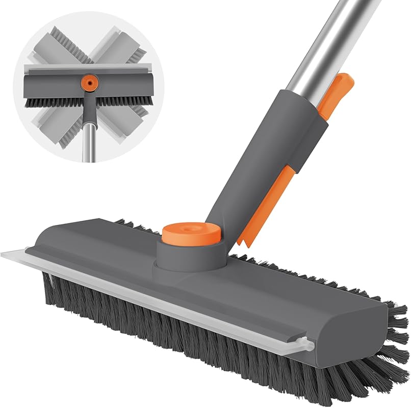 Budget Floor Scrub Brush with Long Handle, Scraper and Stiff Bristles 