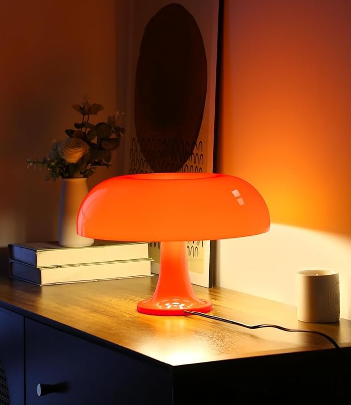 Orange Mushroom Table Lamp, Mid Century Modern Bedside Light with Bulb