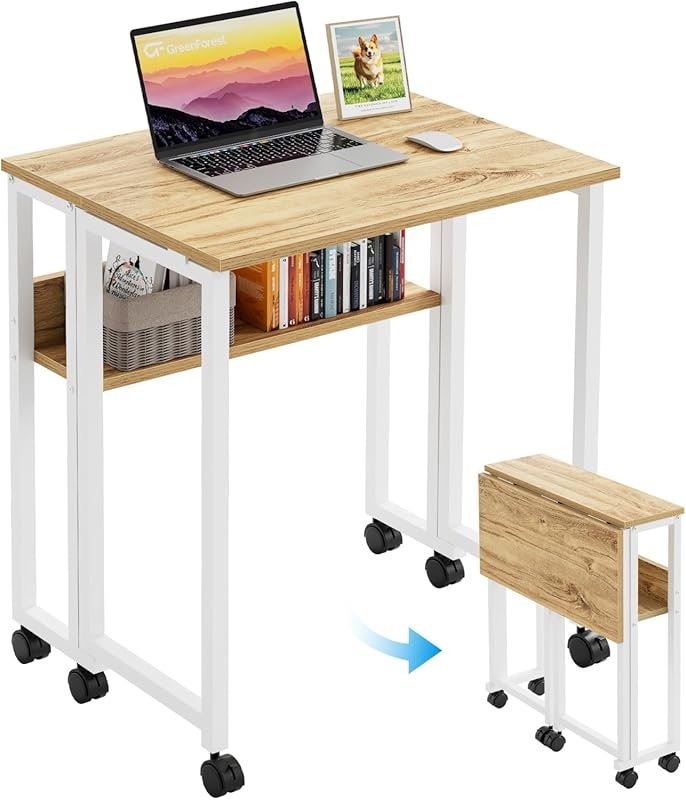 GreenForest Rolling Folding Desk with Storage Shelf, 24.8 Inch for Sma