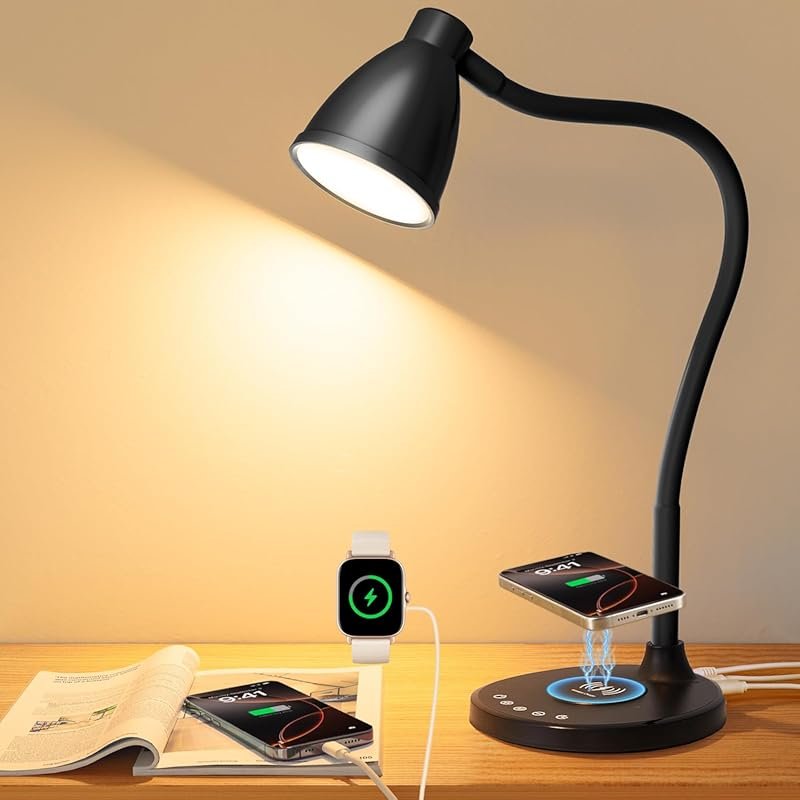 BOHON LED Desk Lamp with Wireless Charger, USB Ports, and Stepless Dim