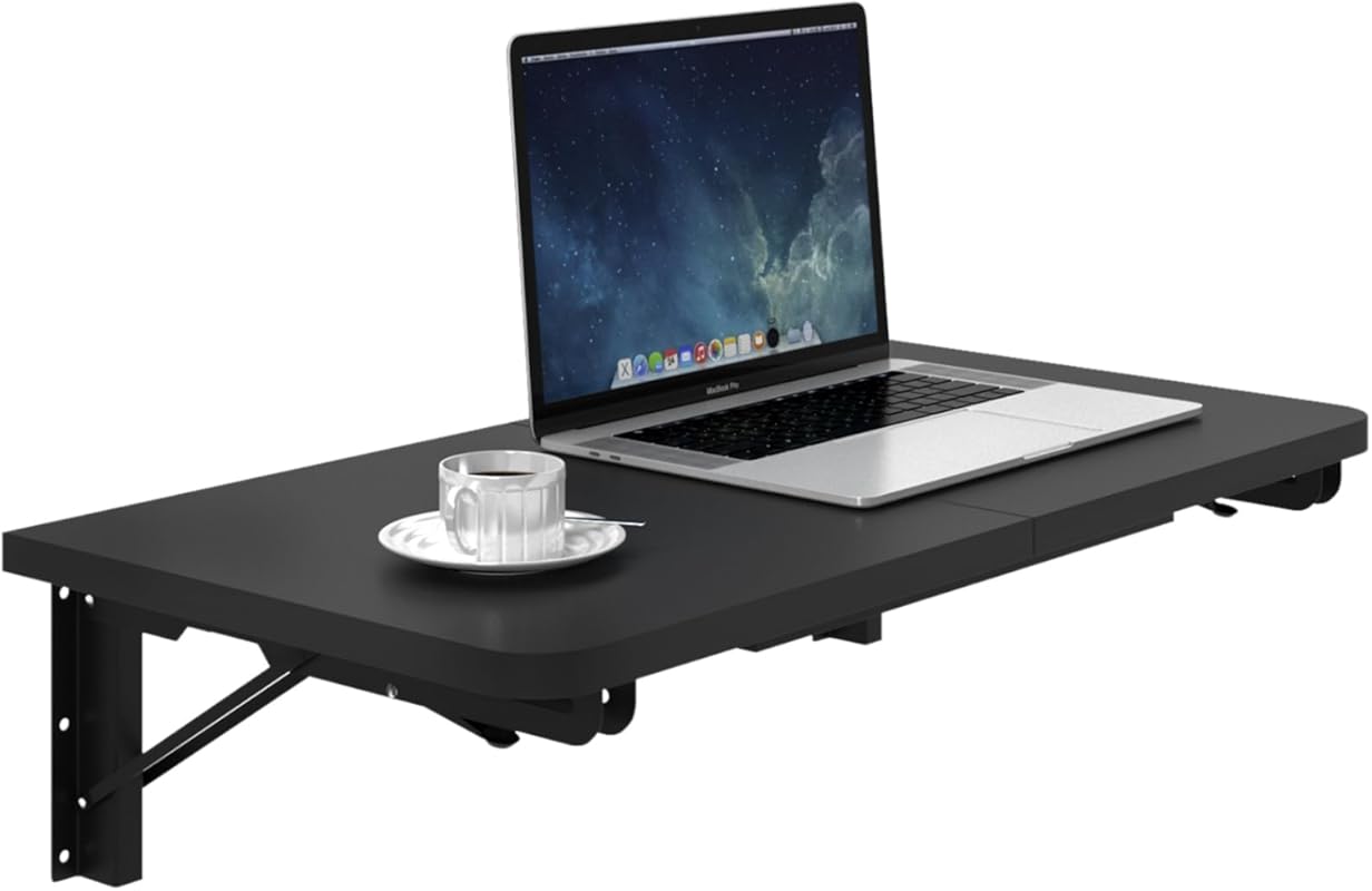 Wall Mounted Folding Table, Black Floating Desk for Small Spaces and D