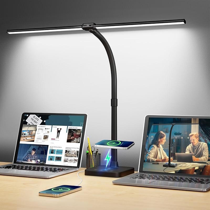 ShineTech LED Desk Lamp with Wireless Charging, USB Port, and Adjustab