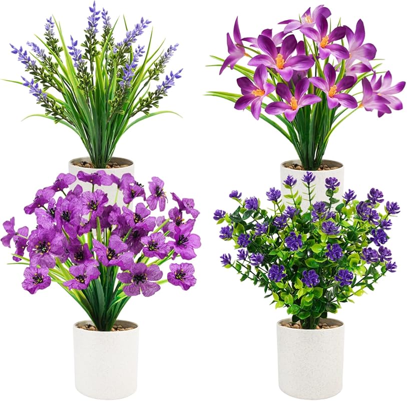 4 Packs Artificial Pot Flowers, Mini Purple Fake Potted Flowers Small 