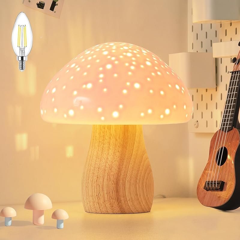 BOHON Ceramic Mushroom Lamp for Bedroom Nightstand, Pink Vintage Desig