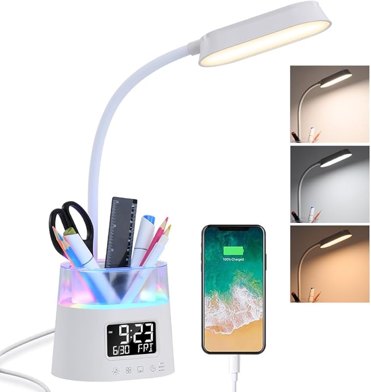 WILIT LED Desk Lamp with USB Charging Port and Clock for Kids’ Study R