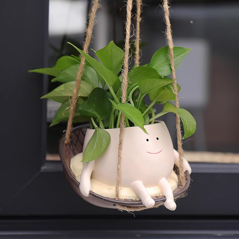 NINIPAPA Hanging Swing Chair Planter - Cute Smile Face Pot for Indoor 