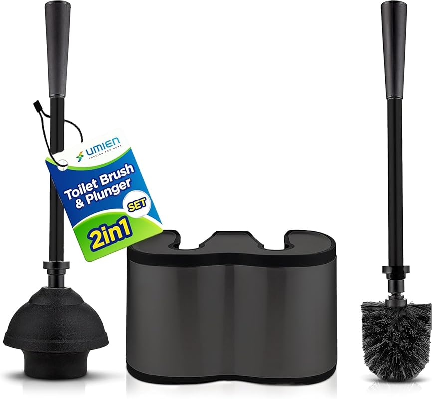 UMIEN Matte Black Stainless Steel Toilet Brush and Plunger Set with Fr