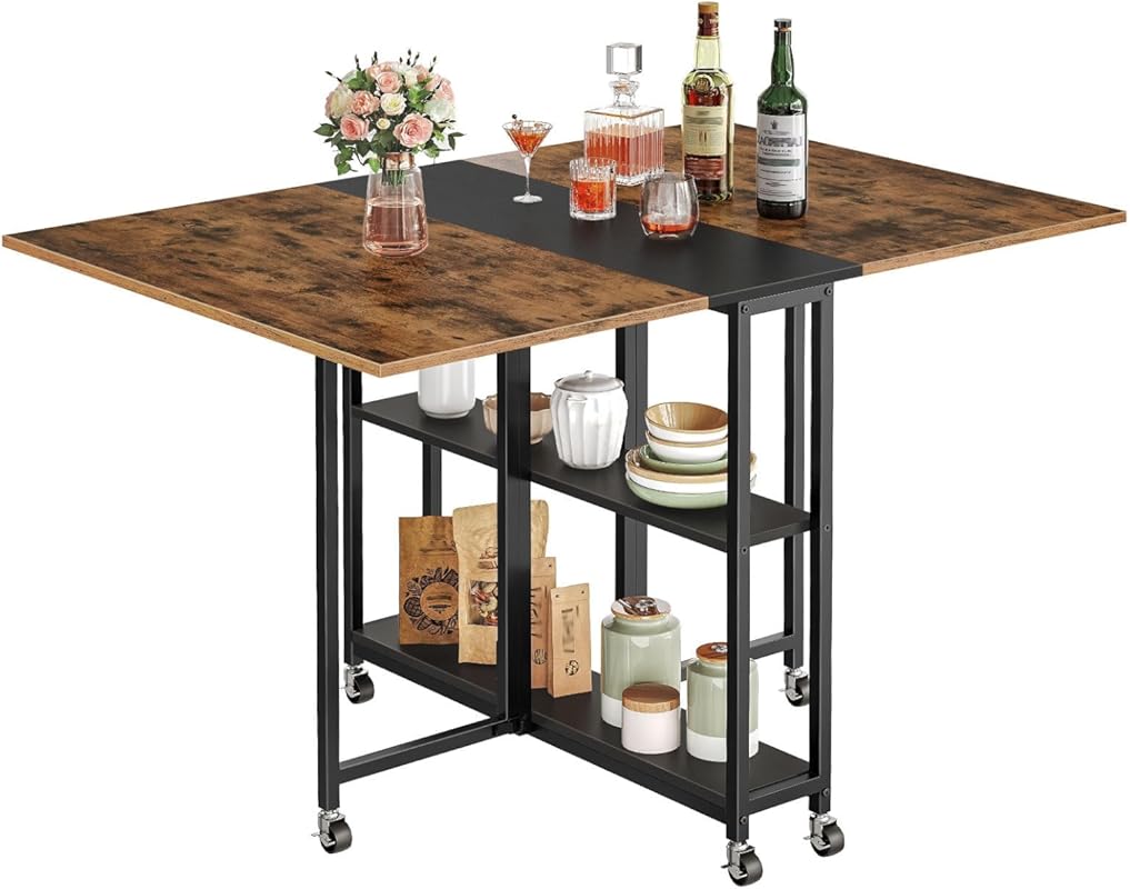 Folding Dining Table with Wheels and 2-Tier Shelf for Dining and Livin