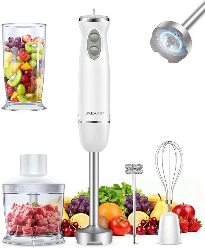 White Handheld Immersion Blender with 5 Attachments and 12 Speeds for 