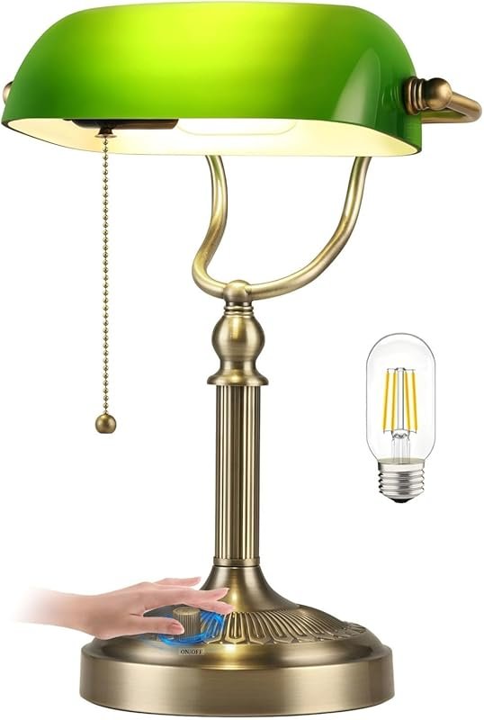 Newrays Green Glass Bankers Desk Lamp, Stepless Dimmable Table Lamp Pl
