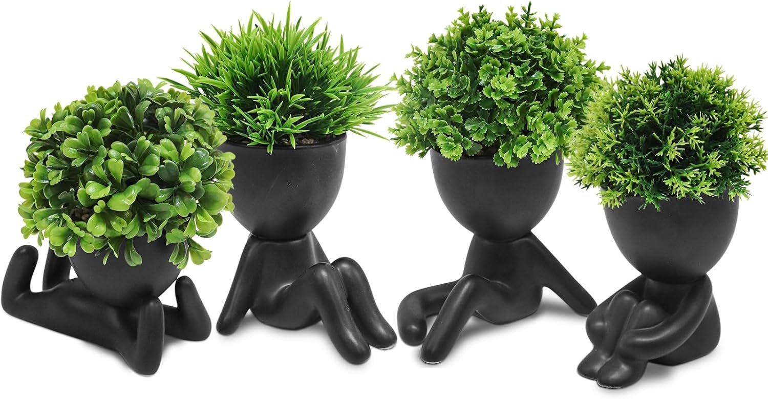 MAKHOT 4PCS Cute Artificial Mini Succulent Plants with Creative Human 